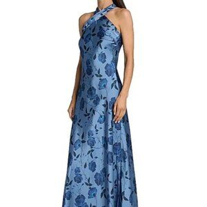 Sachin & Babi Laurant Wild Steel Roses Floral Satin Halter Gown